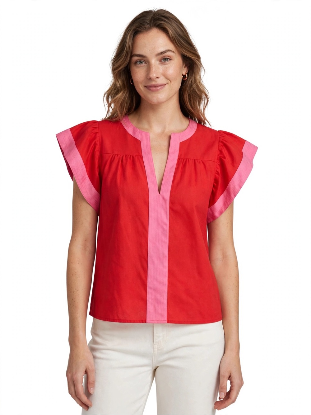 THML XS Red Pink Colorblock Flutter Sleeve V Neck Blouse Boho Statement